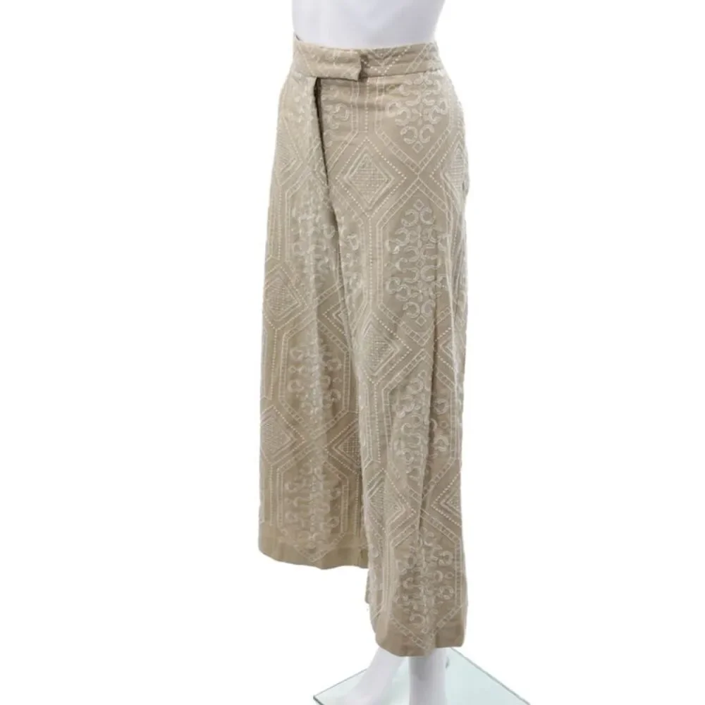 Zara Womens Cropped Geometric Linen Blend Zip Pants Beige Size L